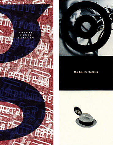 (left) Cover, Emigre Fonts Catalog, 1990. Designer: Zuzanna Licko. Typefaces: Matrix and Oakland. (right) Cover, the Emigre Catalog, 1992. Typeface: Keedy (Jeffery Keedy).