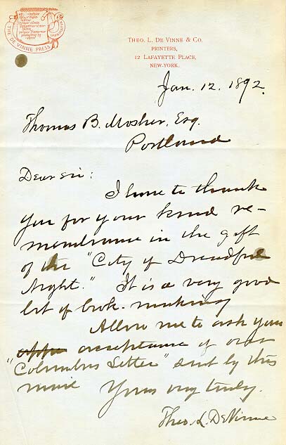 Theodore Low de Vinne carta assinada